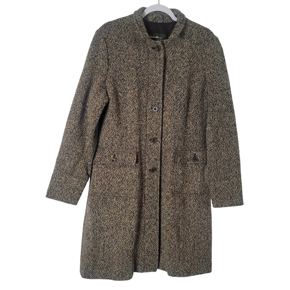 Eddie Bauer Womens Brown Tweed Wool Blend Walking Coat Jacket Size L Vintage